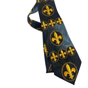 Steven‎ Harris Mens Fleur-de-lis Necktie Black Gold Blue Polyester Hand Made Tie